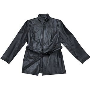 Worthington Women's Black Leather Jacket Belt Long Sleeves Front Zipper Medium